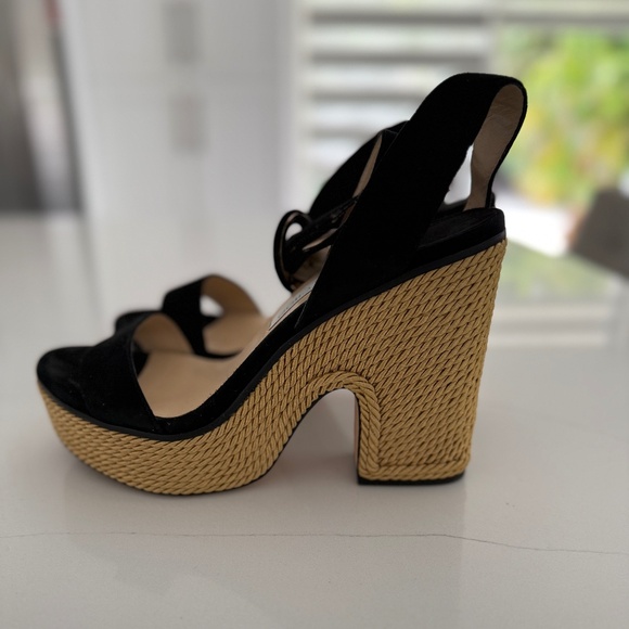 Jimmy Choo Brandon 100 Black Wedge Platform Sandals Wrap Around Ankle Strap - Picture 1 of 11